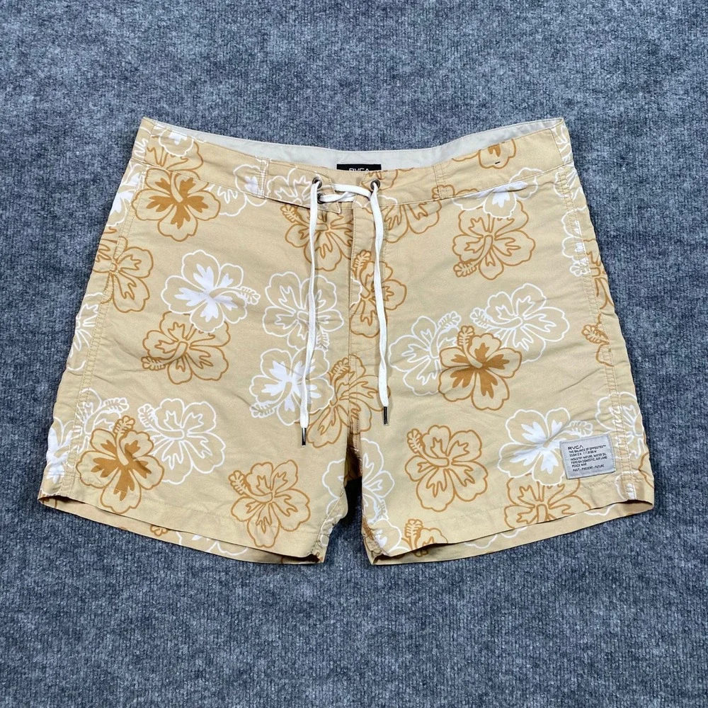 RVCA Mens Board Shorts Tan White Hibiscus Floral Print Swim Trunks Size‎ 36
